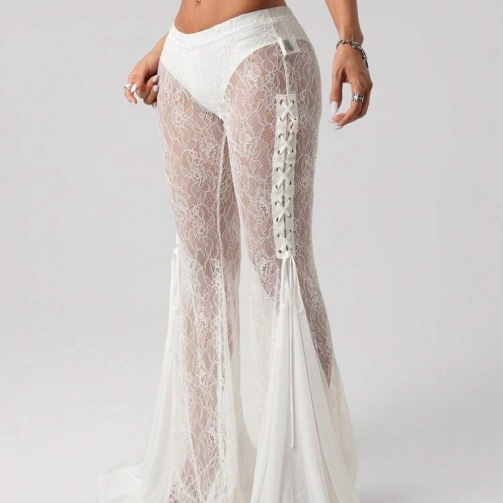 Elegant White Lace Women's Pants - Picture 2 of 7